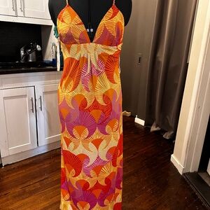 Julie Brown strappy orange 60s/70s  mod psychdellic print maxi dress Size S